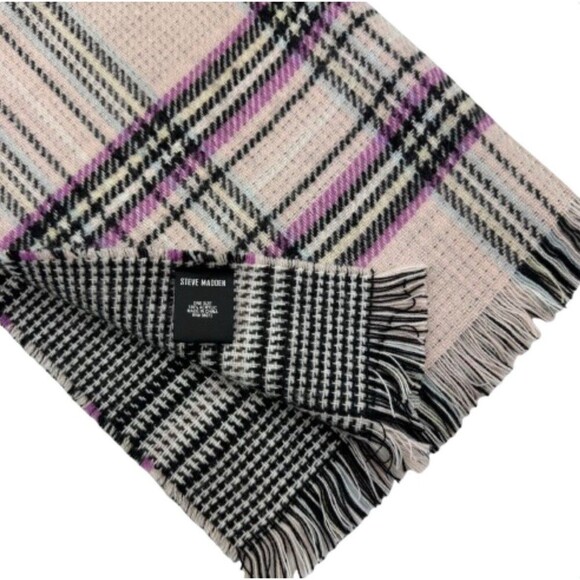 Steve Madden Pink Plaid Houndstooth Reversible Blanket Scarf Wrap Fringe - Picture 1 of 7